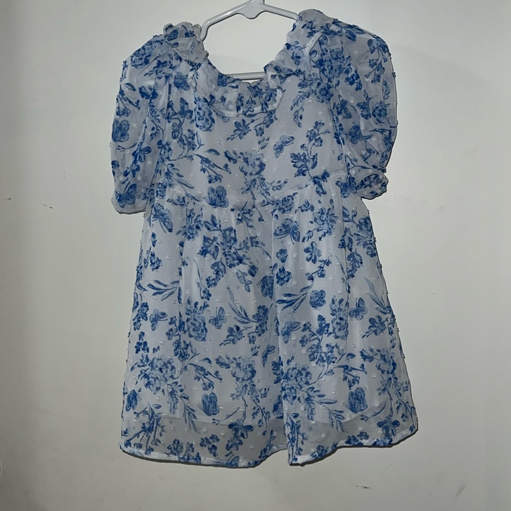 Blue Casual Dress with Short Sleeves Ruffled Style and Peter Pan Collar
